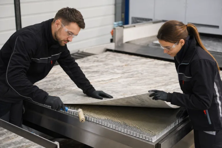 A realistic manufacturing scene showing preparation of thin stone veneer and aluminum honeycomb components before adhesive lamination.
