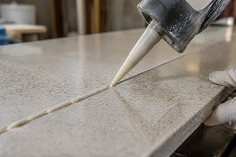 Stone Adhesive 5 A realistic close-up of stone seam bonding adhesive applied with precise alignment along a narrow countertop or decorative stone seam in a professional fabrication workshop, showing a clean finished surface.