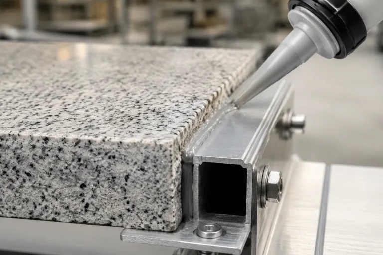 Stone Adhesive 7 A realistic close-up product photography scene showing a decorative stone panel or slab bonded to a precision metal support bracket or frame, highlighting mixed-material assembly and adhesive application in a modern architectural fabrication environment.