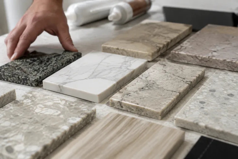 Stone Adhesive 10 A realistic close-up product photography scene featuring stone samples used for adhesive selection and bonding evaluation, including marble, granite, engineered stone, quartz-like decorative stone, and other natural stones in a clean fabrication test setup.