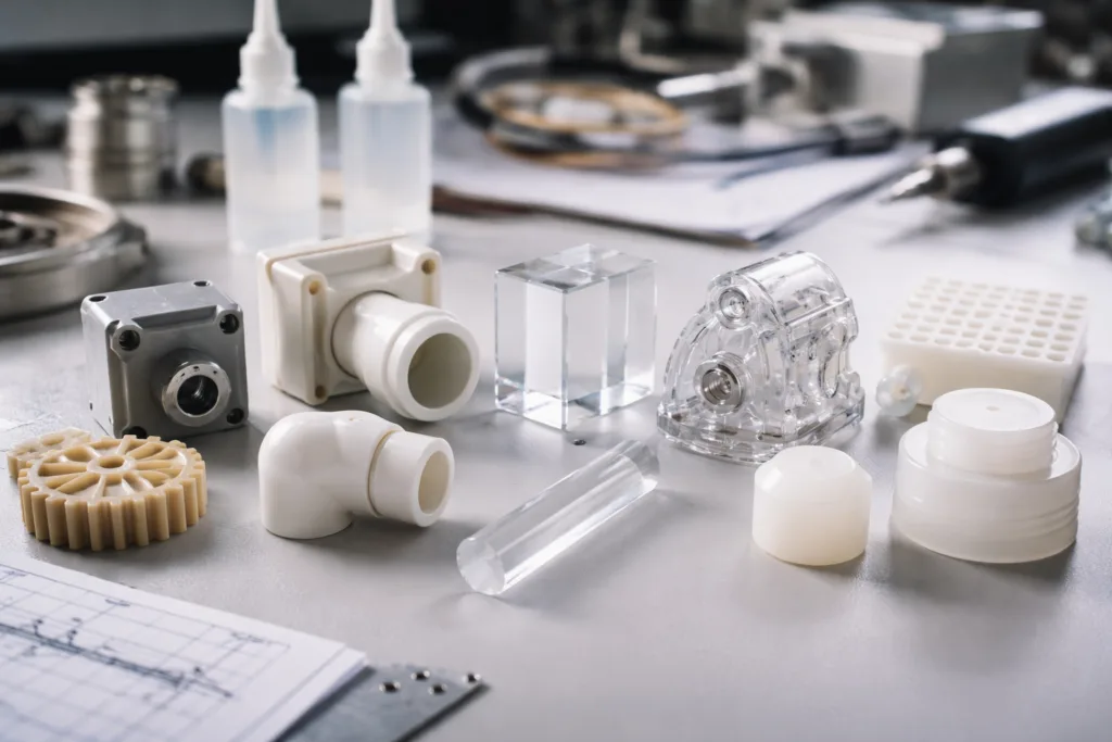 How to Choose a Strong Adhesive for Plastic by Plastic Type 13 A professional industrial scene showing multiple plastic substrates prepared for adhesive selection and comparison.
