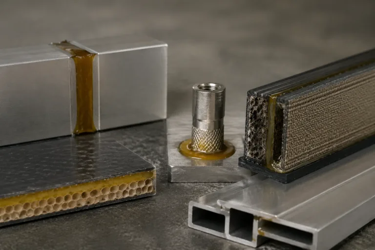 Composite Adhesive 7 A professional product photography style close-up depicting structural adhesive applications in composite assembly, including load-bearing panel joints, insert fixation, reinforcement bonding, and lightweight frame construction.