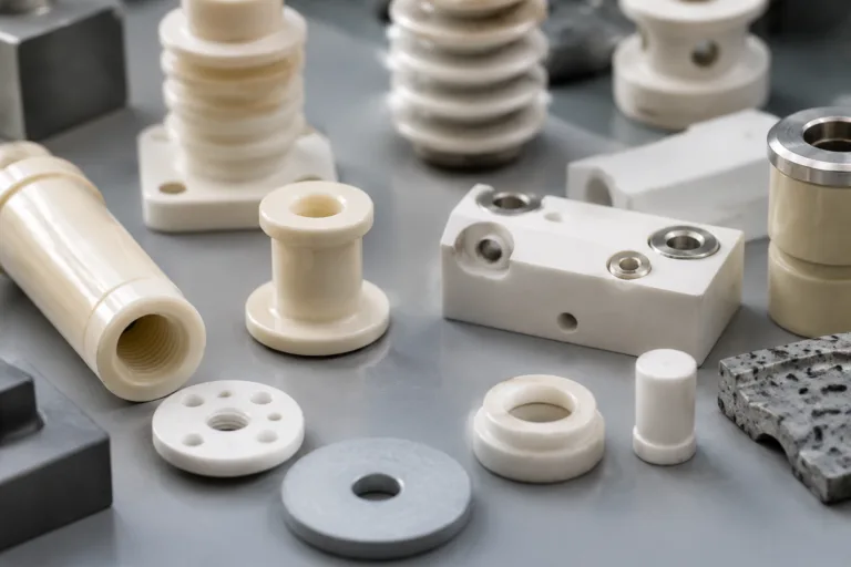 Ceramic Adhesive 10 A clean industrial close-up of technical ceramic samples used for adhesive selection, including insulators, porcelain-like parts, alumina-looking components, and specialty ceramic pieces.