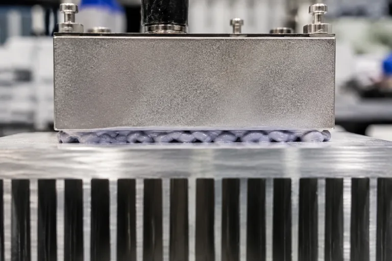 Thermally Conductive Adhesive 15 A realistic close-up industrial product shot showing thermally conductive adhesive filling the gap between an uneven electronic component and a heat sink, emphasizing bond line control and surface conformity.
