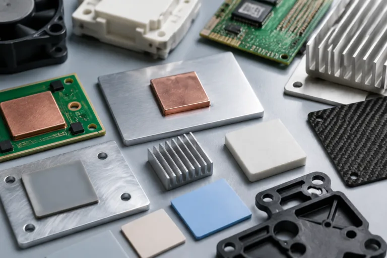 Thermally Conductive Adhesive 12 A clean technical industrial scene showing multiple bonding materials used for thermal adhesive selection, including metal, ceramic, PCB, plastic, aluminum substrate, and composite parts, presented as professional product photography.