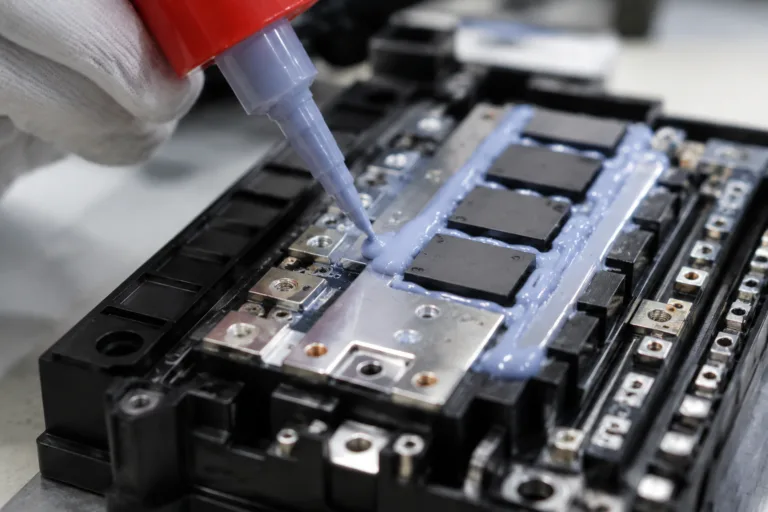 Thermally Conductive Adhesive 5 A realistic industrial close-up of thermal adhesive applied to a power module or control board, highlighting heat management and insulation support in electronics manufacturing.
