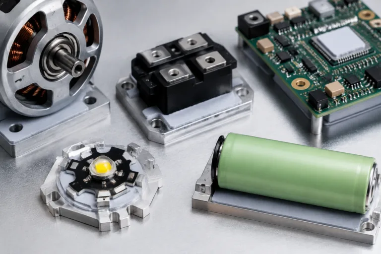 Thermally Conductive Adhesive 10 Realistic industrial product-style close-up showing multiple heat-generating electronic components used as reference heat sources for thermally conductive adhesive selection.