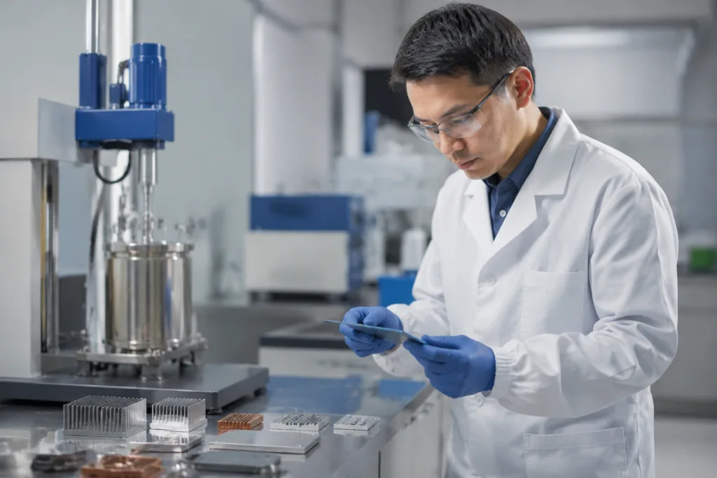 What Thermal Adhesive TDS Data Actually Matters: How to Read W/mยทK, Lap Shear, Viscosity, Cure, and Other Key Parameters 9 A technical laboratory scene showing thermal adhesive formulation review and sample preparation for heat-management applications.