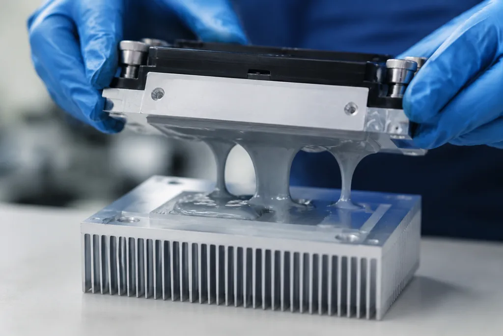 Thermally Conductive Adhesive 1 A realistic close-up showing thermally conductive adhesive being applied between an electronic component and a heat sink, highlighting the heat dissipation bonding process in a clean modern manufacturing environment.