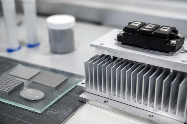 Thermally Conductive Adhesive 13 A realistic industrial laboratory scene showing thermally conductive adhesive samples and a heat sink assembly used to demonstrate efficient heat transfer from a power component to a cooling structure.