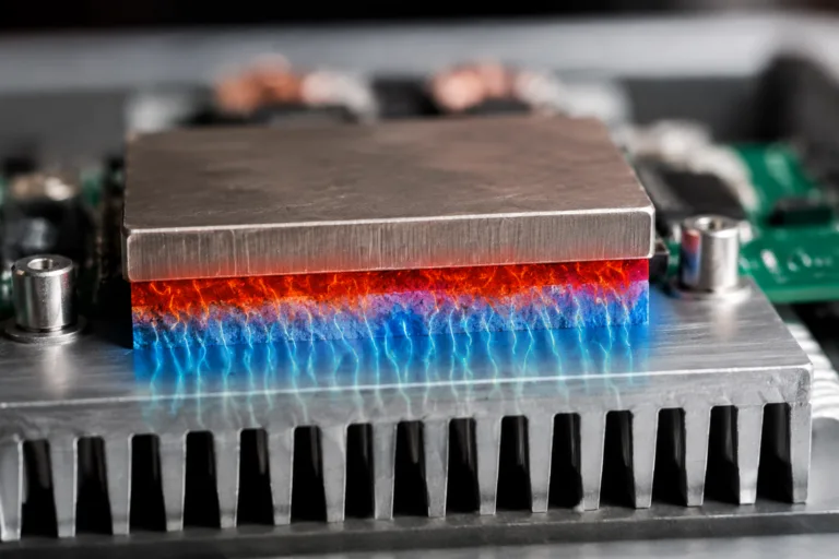 Thermally Conductive Adhesive 11 A realistic industrial close-up illustrating thermal energy transferring from an electronic component through conductive adhesive to a metal heat sink or housing.