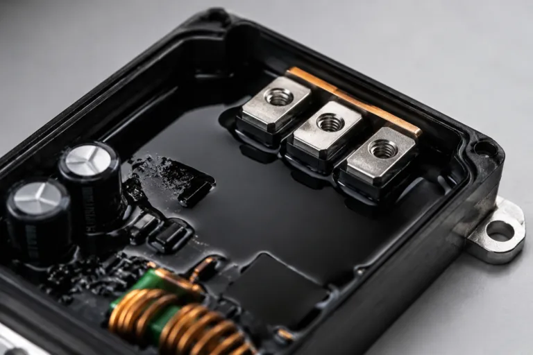 A realistic close-up of a potted electronic module or power device, emphasizing thermal performance and heat management with protective resin around critical components.