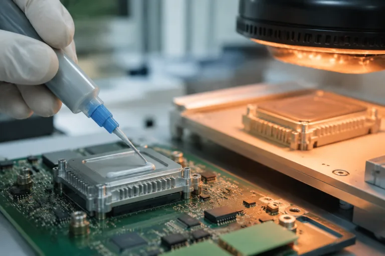 Thermally Conductive Adhesive 16 A realistic close-up manufacturing scene illustrating thermally conductive adhesive curing on electronic components, showing both room-temperature curing and heat-assisted curing environments.