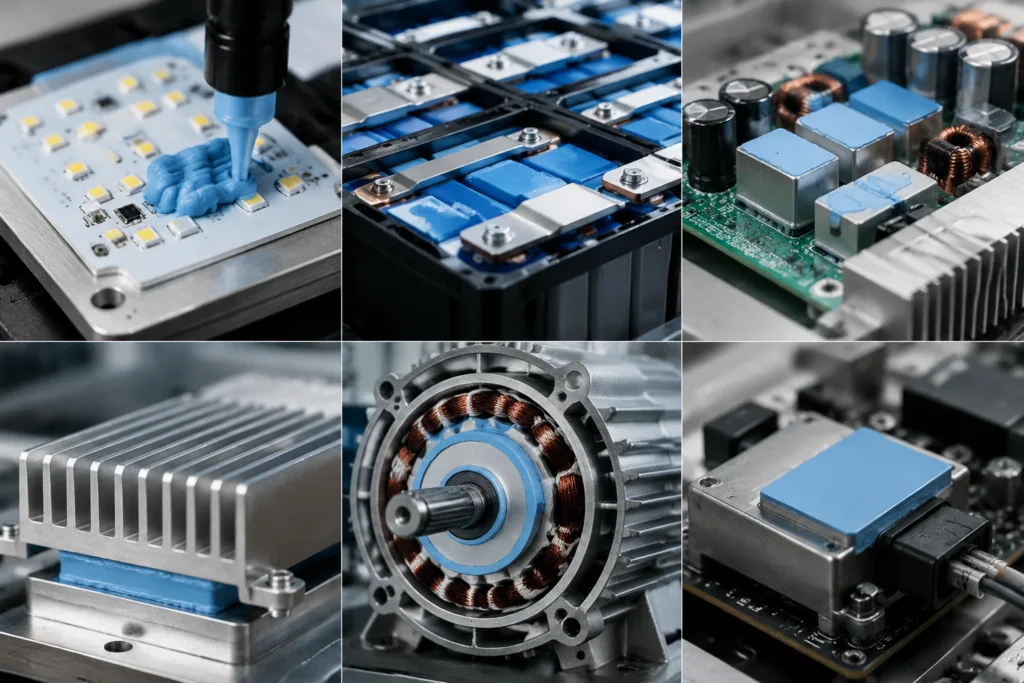 Thermally Conductive Adhesive 2 A clean, realistic industrial product photography scene highlighting thermally conductive adhesive applications across LED modules, battery packs, power electronics, heat sink bonding, motors, sensors, and control modules.