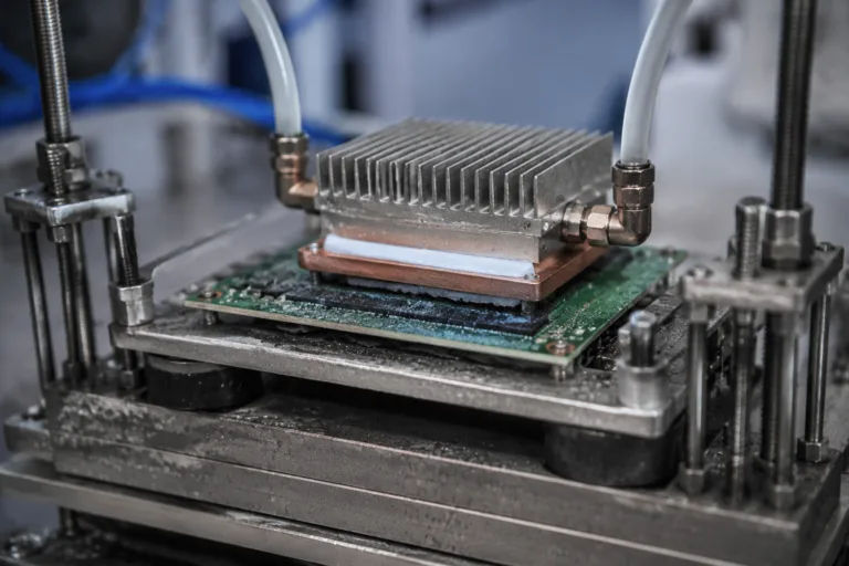 Thermally Conductive Adhesive 17 A realistic industrial close-up illustrating thermally conductive adhesive bonds on electronic parts undergoing heat, humidity, vibration, and thermal cycling tests, with a clean professional composition.