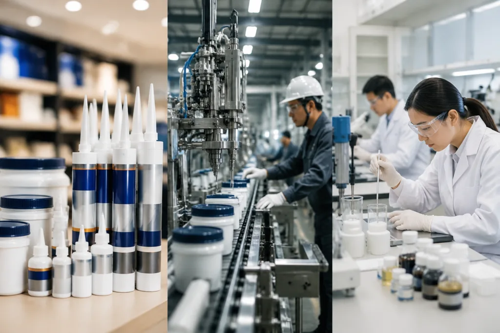 Private Label Adhesives 3 Realistic three-section comparison of private label, OEM, and custom adhesive services, with packaged products on the left, factory production in the center, and lab development on the right.