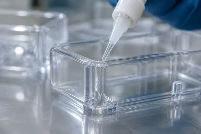 Plastic Adhesive 15 A realistic close-up industrial product photo of transparent plastic parts highlighting clean adhesive bonding, bubble-free clarity, and a neat premium finish.
