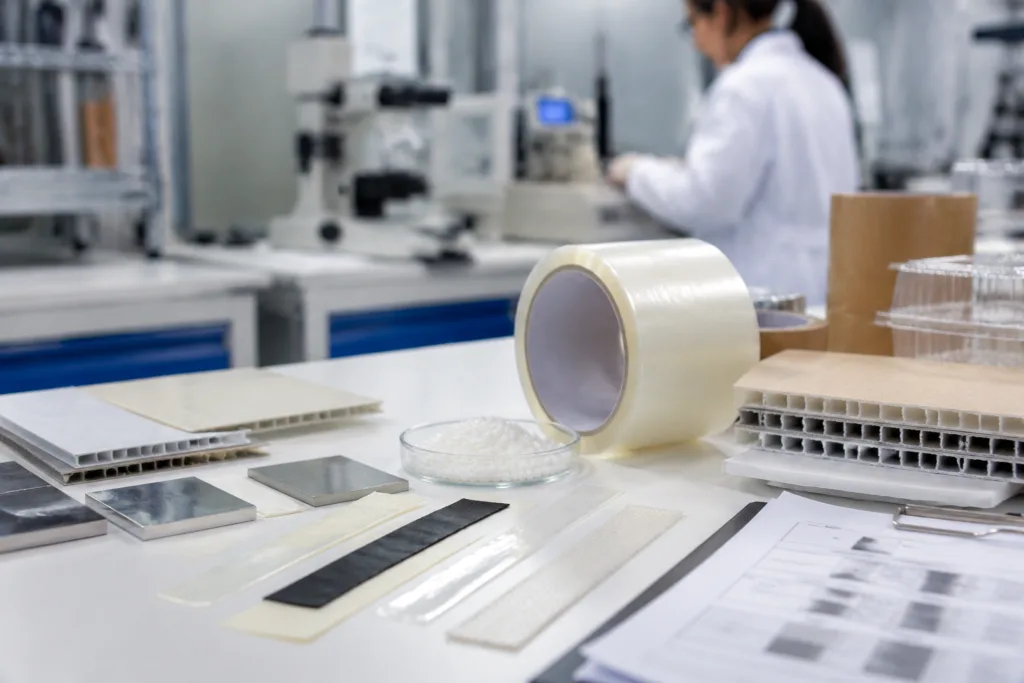 Adhesive Selection & Technical Support 5 Clean B2B industrial scene depicting adhesive sample evaluation and production-linked support, with technical documents, test pieces, and packaging materials on a lab bench.