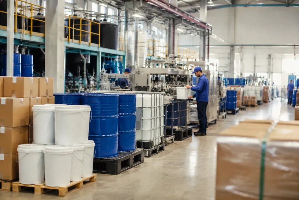 Bulk Adhesive Supply 7 Realistic professional photo of a trusted bulk adhesive manufacturer in a modern factory with organized finished inventory, packaging lines, cartons, pails, drums, and export-ready materials.