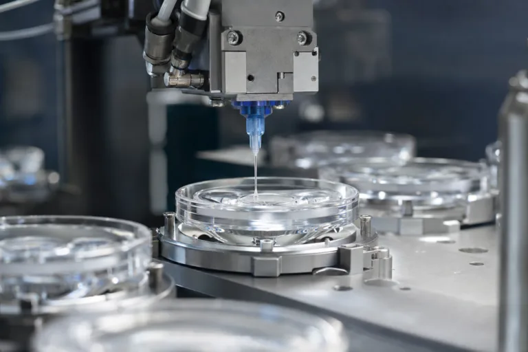 A realistic lab scene showing transparent lens bonding evaluation for LED lighting assembly.