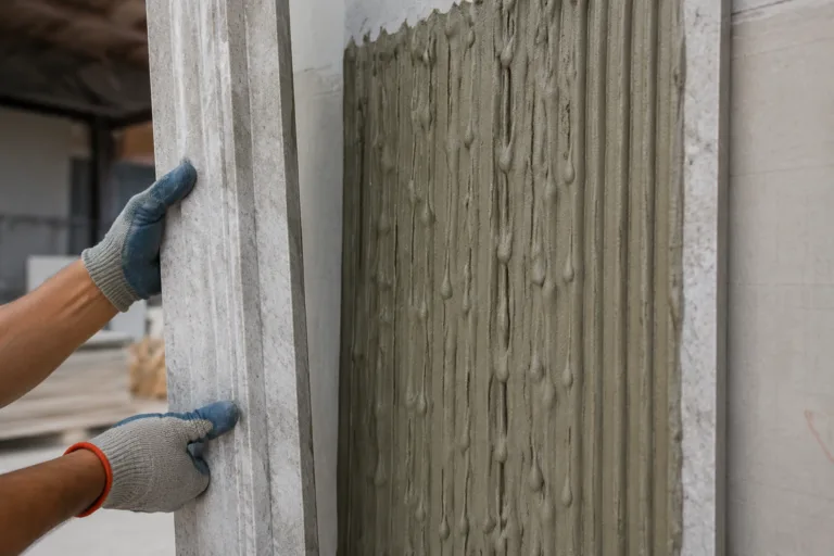 Stone Adhesive 8 A realistic close-up of vertical stone fixing adhesive applied behind a decorative stone element in an upright assembly, highlighting clean controlled placement and professional installation details.