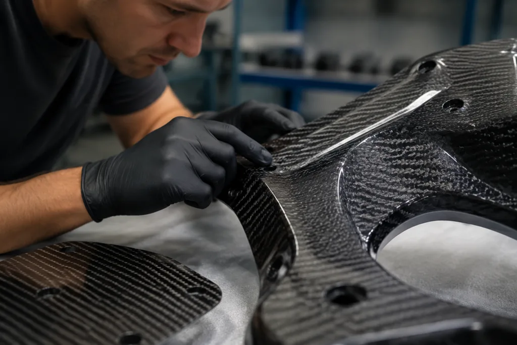 How to Choose an Adhesive for Visible Carbon Fiber Parts Without Ruining the Finish 29 A realistic close-up scene showing cosmetic inspection of an exposed carbon fiber bond line under controlled lighting.