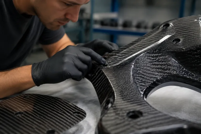 A realistic close-up scene showing cosmetic inspection of an exposed carbon fiber bond line under controlled lighting.