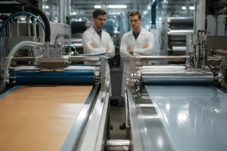 A realistic industrial comparison image showing water-based and solvent-based adhesive coating processes on different substrates.