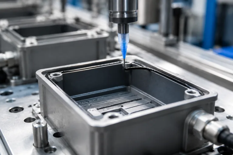 Sealing Adhesive 13 A realistic close-up factory scene showing waterproof adhesive being precisely applied with a syringe, cartridge, or robotic dispensing system onto an electronic housing or industrial enclosure, highlighting efficient production and controlled sealing.