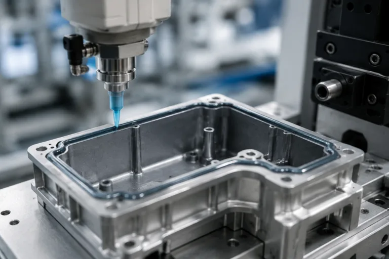 Waterproofing Adhesive 15 A realistic close-up of waterproof adhesive curing on a product housing in a factory setting, illustrating room-temperature, heat-assisted, or UV curing methods with professional manufacturing detail.
