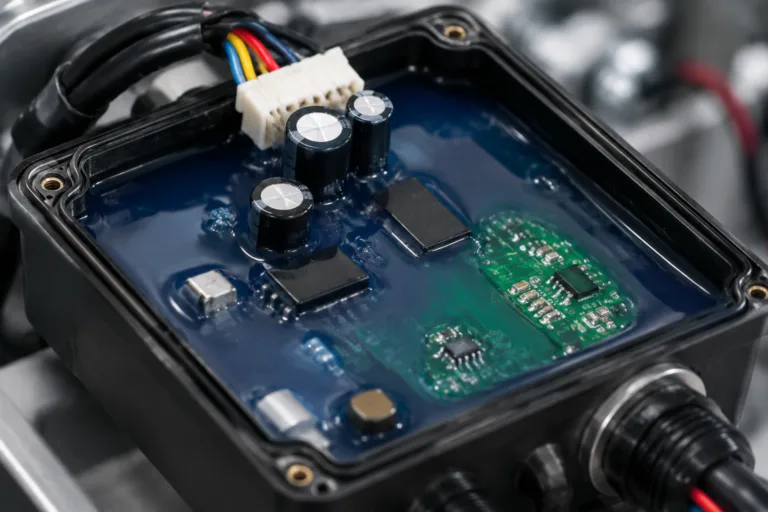 PCB Adhesive 3 A realistic close-up of PCB components and housing protected by waterproof adhesive, highlighting moisture resistance and electrical insulation in a clean electronics application scene.