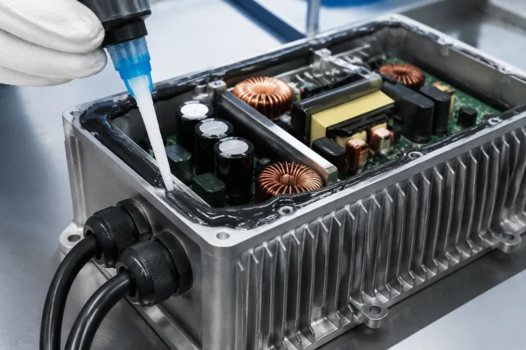 Waterproofing Adhesive 6 A detailed industrial close-up of waterproof adhesive being applied to seal a power supply housing, illustrating protection against moisture and dust in electronics manufacturing.