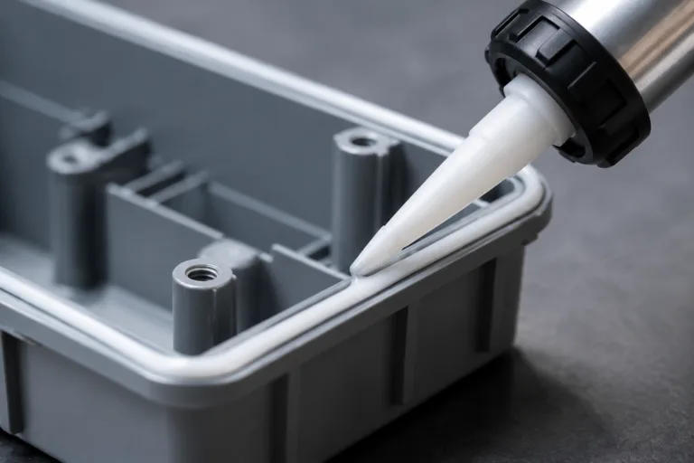 Waterproofing Adhesive 7 A detailed close-up showing waterproof adhesive sealed along the seam of an industrial enclosure, emphasizing protection against water entry.