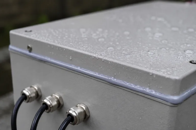 Sealing Adhesive 8 A realistic close-up product scene showing a waterproof adhesive seal line on an outdoor electronic enclosure, emphasizing protection from water and moisture in a clean professional industrial setting.