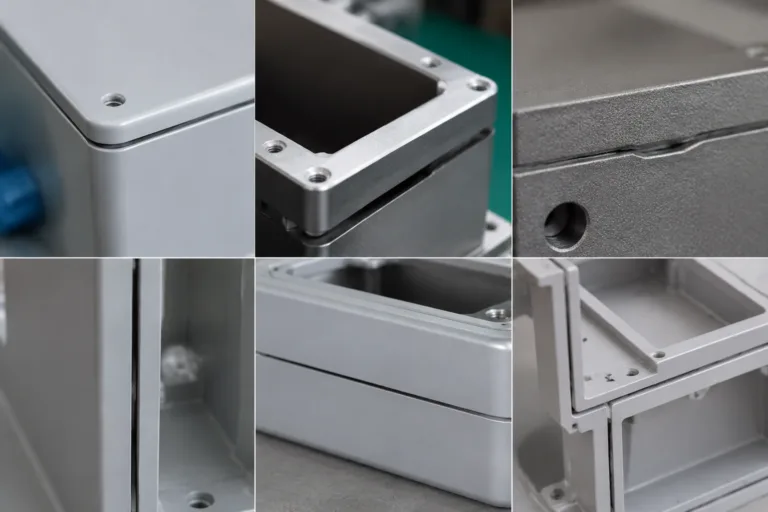 Waterproofing Adhesive 12 A realistic close-up manufacturing image showing narrow, wide, uneven, vertical, and horizontal sealing gaps in industrial enclosures, arranged for waterproof adhesive selection and application.