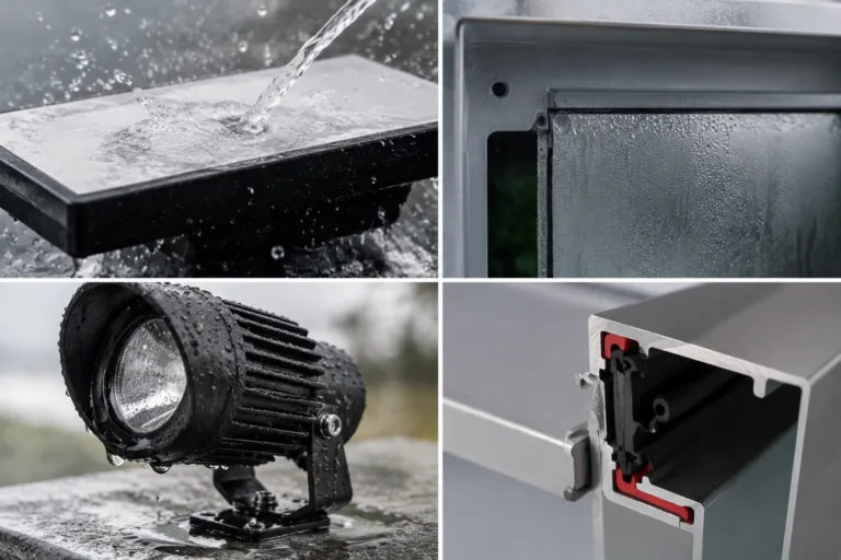 Waterproofing Adhesive 10 A realistic product photography scene illustrating waterproofing purposes for adhesive selection, featuring multiple moisture protection concepts such as splash resistance, condensation protection, rain resistance, and sealed outdoor assemblies.