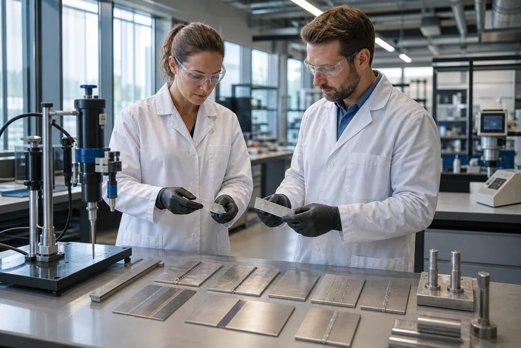 Adhesive Bonding vs Welding for Metal Assemblies: When Glue Can Improve Weight, Aesthetics, and Material Freedom 1 Engineers reviewing metal joint samples in a formulation and testing lab to compare bonding and welding options.