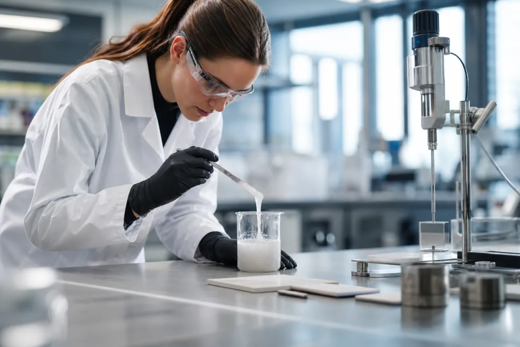 Industrial Adhesive Quality Control for Moisture-Resistant Bonding 29 A realistic industrial lab scene showing technicians checking adhesive consistency and bond samples for moisture-resistant applications.