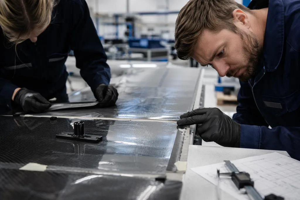 Carbon Fiber-to-Carbon Fiber Adhesive Bonding: How to Build Strong CFRP Joints Without Creating Peel Failure 33 Composite engineers preparing carbon fiber laminate surfaces and bond-line controls before adhesive assembly.