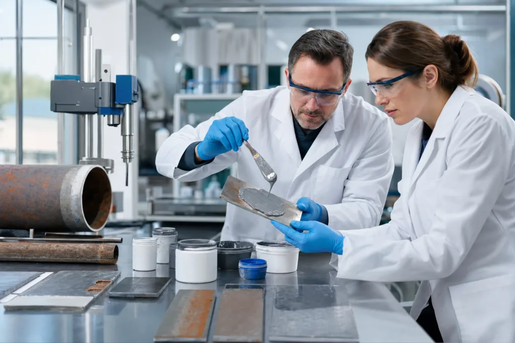 Choosing Chemical-Resistant Bonding Materials for Pipeline Repair: How to Select the Right Adhesive for Corrosion, Leakage, and Harsh Industrial Media 1 A professional adhesive lab scene showing formulation review and sample testing for chemically exposed pipeline repair applications.
