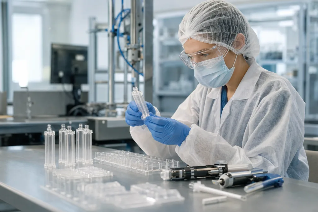 A clean laboratory scene showing adhesive sample evaluation for diagnostic cartridges and test cassettes.