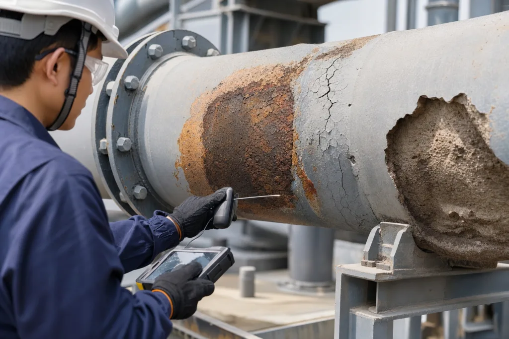 Pipeline Repair Adhesive 2 Realistic industrial maintenance scene featuring pipeline corrosion, coating damage, cracking, and erosion, with a technician assessing the affected area in a clean professional setting.