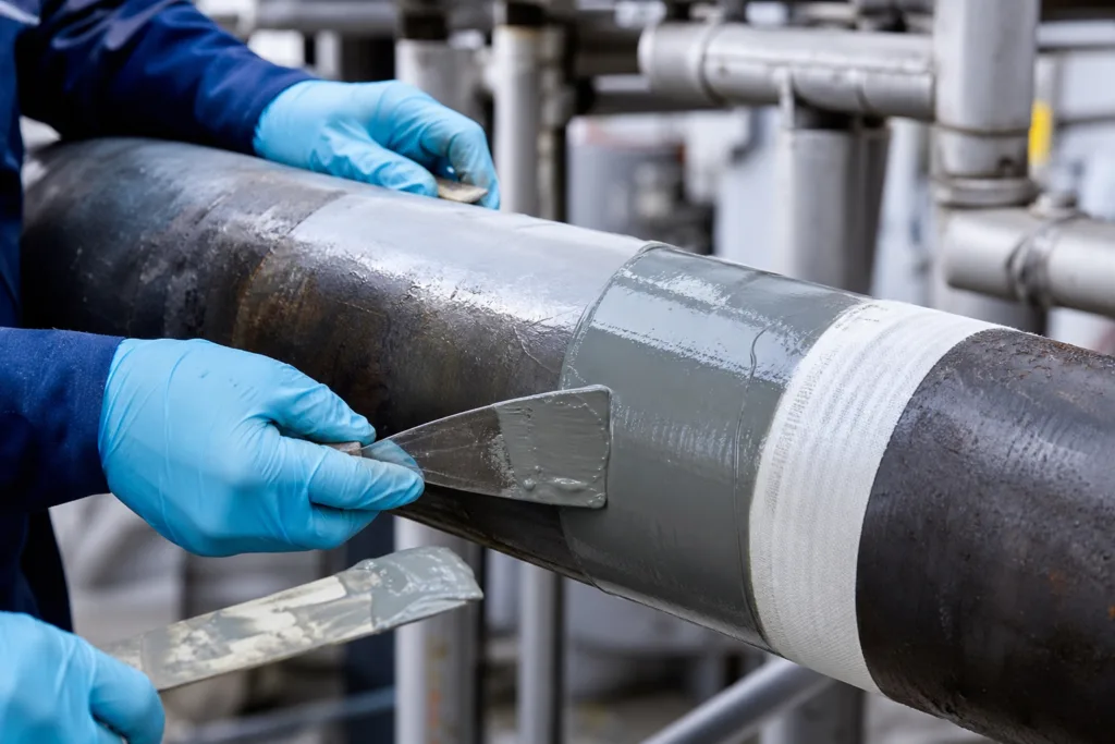 Pipeline Repair Adhesive 3 Close-up of a technician wearing safety gloves applying epoxy resin to repair a metal pipeline, emphasizing the adhesive texture and protective layer forming on the surface.