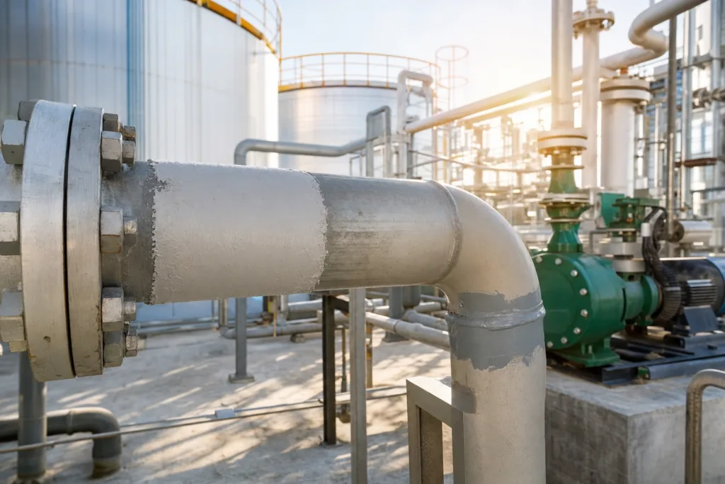 Pipeline Repair Adhesive 5 Photorealistic industrial facility featuring pipeline repair on metal pipes, pumps, tanks, and process equipment in a clean modern B2B style.