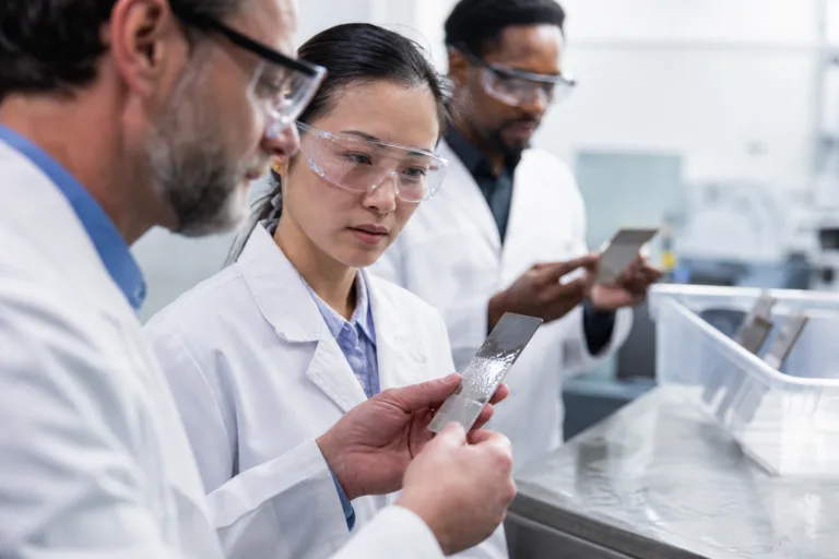 A technical adhesive lab scene focused on wet-service bond durability evaluation with sample coupons and inspection workflow.