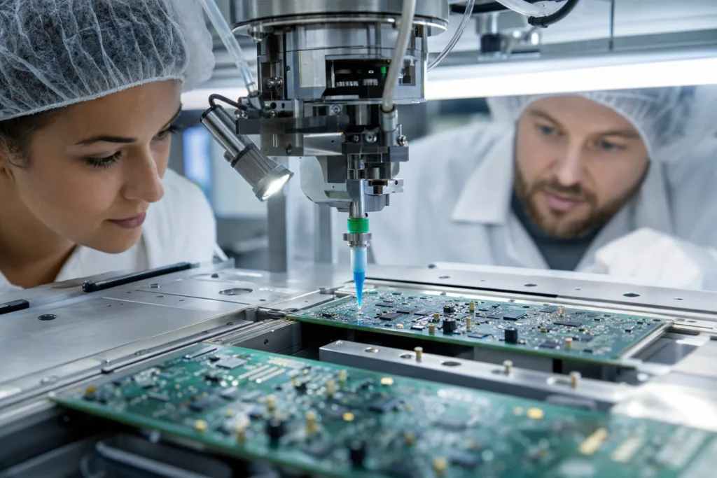 Why PCB Adhesives Fail in Production: 12 Root Causes of Poor Hold, Voids, Cracking, and Reliability Loss 13 A realistic manufacturing image showing adhesive dispensing on PCBs with emphasis on dot geometry, placement accuracy, and process control.
