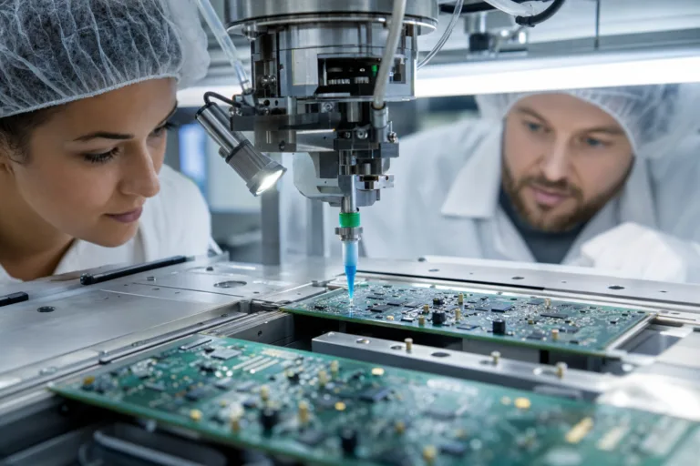 A realistic manufacturing image showing adhesive dispensing on PCBs with emphasis on dot geometry, placement accuracy, and process control.