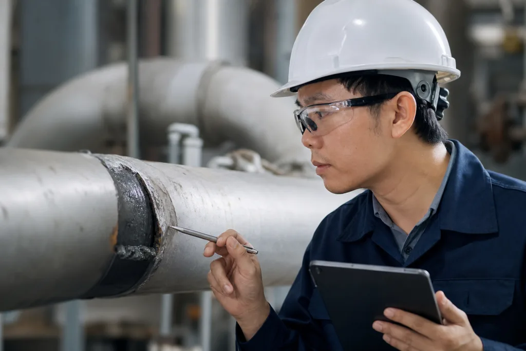 Pipeline Repair Adhesive 6 A realistic industrial scene featuring a technician evaluating pipeline damage and choosing an appropriate repair adhesive or epoxy resin solution.