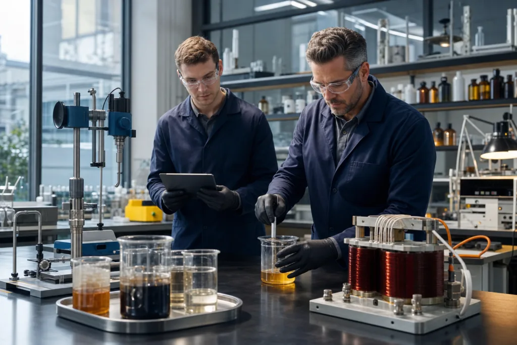 A professional adhesive lab scene showing technical evaluation of potting materials for transformers, coils, and wound electrical components.