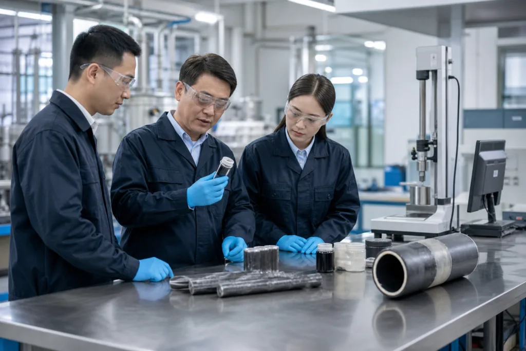 Pipeline Repair Adhesive 4 A realistic, clean, and modern industrial adhesive manufacturer scene showing quality inspection, technical review, and pipeline repair support in a professional B2B setting.